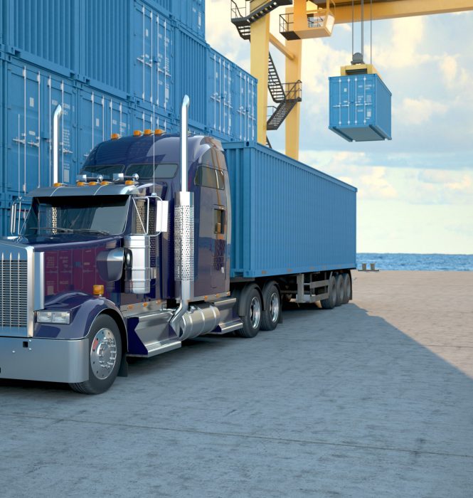 Truck with containers. 3d rendering Stack of Freight Containers at the Docks with Truck. 3d rendering
